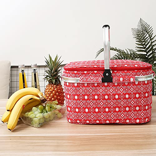 Insulated Picnic Basket 26L Portable Collapsible Market Leakproof Tote with Aluminum Handle for Camping, Shopping, Travel, Large Size (Red) - color: Red