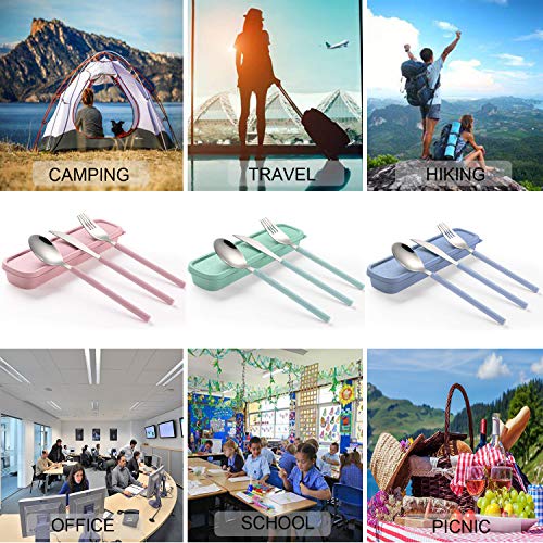 Portable Home Utensils Reusable Flatware Set with Case, Stainless Steel Metal Travel Cutlery Lunch Tableware 2 Fork 2 Spoon 2 Knife with Colored Handle(Fork Spoon Knife 2 sets, Green+Blue) - color: M Green+Blue - 2 Sets