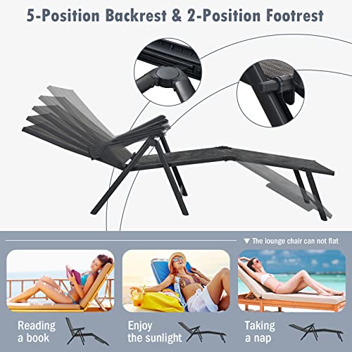 Tangkula Folding Lounge Chair Outdoor, Recliner Chaise Lounge with 5-Position Adjustable Backrest & 2-Position Footrest, No Assembly Required, Suitable for Patio Poolside Beach Yard (1, Grey) - color: Grey