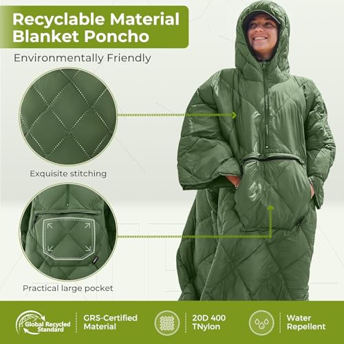 ATEPA Wearable Sleeping Bag, Recycled Water-Resistant Camping Blanket Poncho, Ultralight Packable Stadium Blanket for Outdoor - color: Green