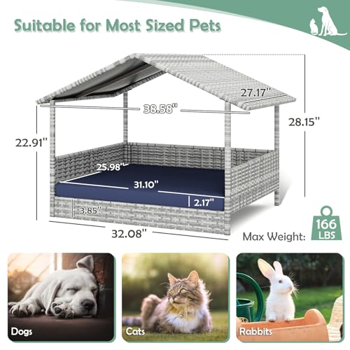 Wicker Dog House Outdoor, Waterproof HDPE Dog Bed with Canopy, Raised Dog Cot Pet House, Elevated Dogs Sofa Tent, Soft Cushion w/Removable& Washable Cushion Cover - style: Navy Blue