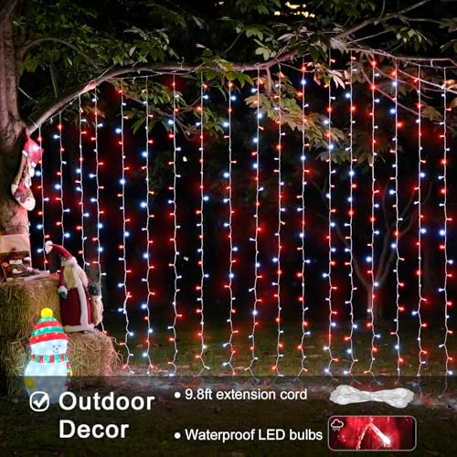 JMEXSUSS 300LED Red and White Christmas Curtain Lights with Remote, 9.8x9.8ft Christmas String Lights Plug in, 8 Modes Twinkle Hanging Fairy Lights for Bedroom Window Wall Porch Indoor Outdoor Decor - color: Red and White, size: 300 LED