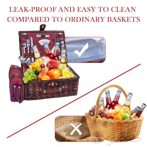 Neti Neti Wicker Picnic Basket for 4 with Insulated Cooler & Waterproof Blanket – Large Willow Picnic Hamper for Outdoor, Camping, Beach, Romantic Dates, Valentine’s Day - color: Red & Blue Checkered