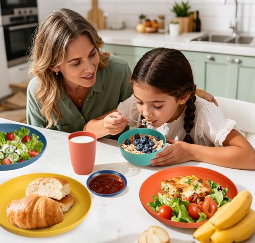 Wheat Straw Dinnerware Sets, Unbreakable Plates and Bowls Sets of 16, Kids Dinnerware Set Sevice for 4, Dishwasher & Microwave Safe Dish Set for Kitchen, Outdoor, Camping - Multi - color: Multicolor, size: 16 PCS