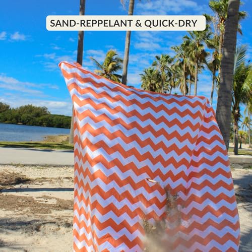 Plush Microfiber Beach Blanket, Large Beach Mat for 1-4 Persons, Sandproof, Windproof | Hole for Umbrella, Corner Sand Pockets to Fight Wind (Bag for Blanket Included) - color: Peach & Chevron, size: Large