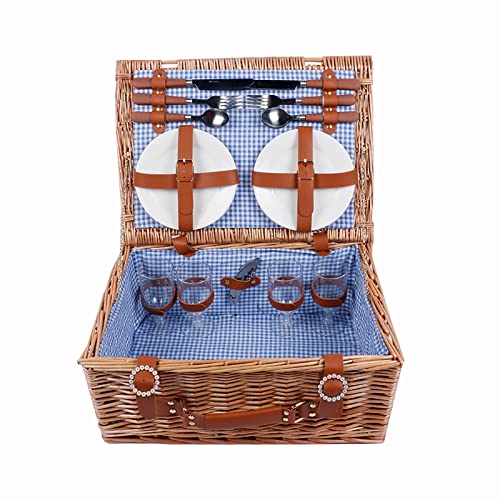 Stainless Steel Tableware Cutlery Set, Picnic Basket Natural Wicker Picnic Hamper Picnic Hamper Cutlery Set Insulated Wicker Flatware Set (Blue White Small 4 Person) - color: Blue White Small, size: 4 Person