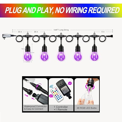144FT Outdoor String Lights with 45 RGB Color Changing E26 Bulbs - Dimmable Shatterproof Edison Patio Lights for Backyard,Solar Commercial LED Lighting with Remote Control. - size: A55 144FT