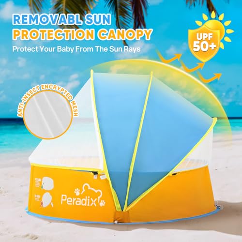 Peradix Baby Beach Tent, Paddling Pool for Kids & Pets with UV Sun Shelter Canopy, Mosquito Net - Portable Pop Up Infant Ball Pit Tent, Toddler Wading Pool, Perfect for Summer Beach Fun - color: Yellow-blue