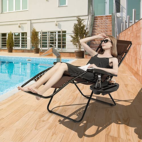 Giantex 2 PCS Zero Gravity Chair, Outdoor Chaise Lounge with Cup Holder, Patio Folding Chairs Recliner for Yard Pool Lawn Balcony - color: Brown, size: 1 Count (Pack of 2)