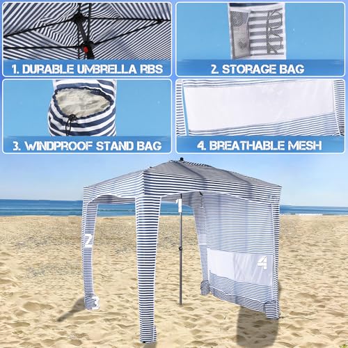 UPWELL Beach Tent Easy Set Up Canopy Sun Shelter Shade with UPF 50+UV Protection Portable Beach Umbrella Outdoor Sunwall with Sand Pockets for Fishing Backyard Camping(Tropical Ocean) - color: Navy Blue