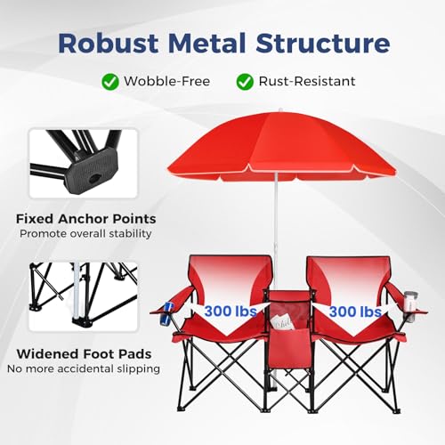 Goplus Double Camping Chair with Umbrella, Folding Loveseat Chairs w/Canopy Shade, Carrying Bag, Table, Cup Holder, Portable Beach Chairs Outdoor Picnic Patio (Red) - color: Red