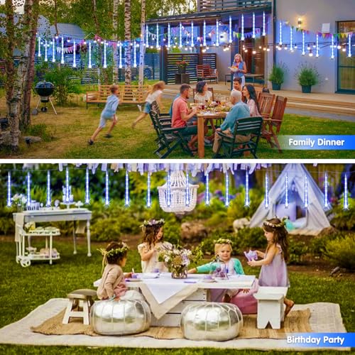 JMEXSUSS Blue and White Solar Meteor Shower Rain Lights, 30cm 8 Tube 144 LED Solar Christmas Lights for Party Holiday Yard Patio Decorations - color: Blue&White, size: 1*144LED