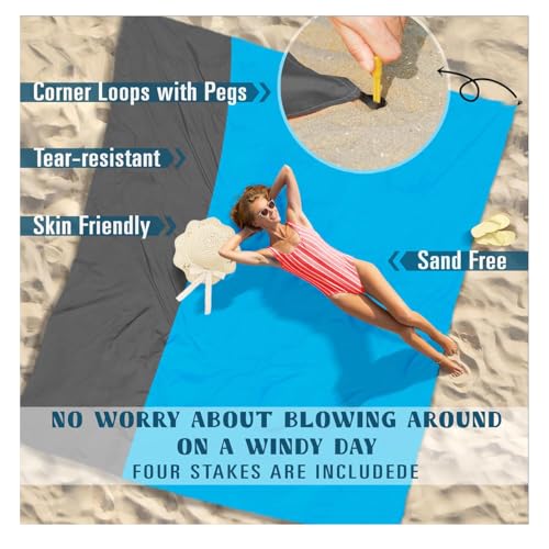 Beach Blanket Waterproof Sandproof Beach Mat 79" X 82" 'for 1-8 Adults Quick Drying Outdoor Picnic Mat Beach Accessories for Travel, Camping-Blue/Grey - color: Blue/Grey