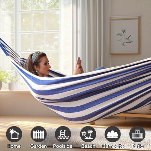 ANYOO Cotton Hammock Portable Camping Hammocks for Hanging Sturdy Garden Comfortable Fabric Hammock with Tree Straps Up to 660lbs with Travel Bag for Camping Outdoor/Indoor Patio Backyard - color: Blue/White
