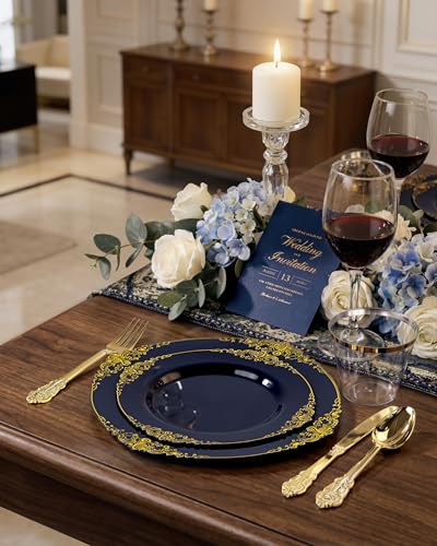 Nervure 350Pcs Blue Plastic Plates - Blue Gold Plastic Dinnerware Sets for 50 Guests - 100 Navy Gold Disposable Plates, 50 Pre Rolled Silverware, 50 Cups Perfect for Wedding & Party - color: Navy Blue and Gold