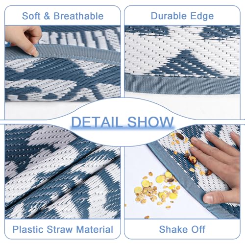 Capslpad 5x5 Floral Outdoor Rug for Patio Clearance Reversible Mat Round Portable Plastic Straw Carpet Waterproof Boho Indoor Outside Area Rugs for RV Camping Picnic Balcony Beach Deck, Blue - color: Blue, size: 5' (Round)
