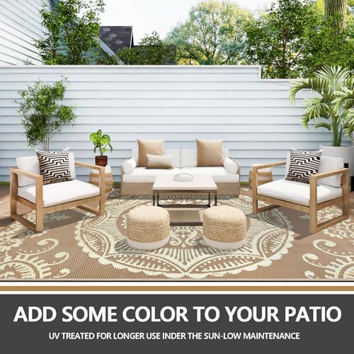 Capslpad Outdoor Rug 9x12 Patio Waterproof Boho Floral Plastic Straw Rug Large Foldable Vintage Outside Carpet with Carry Bag for RV Backyard Balcony Bench Picnic Porch, Beige - color: Light Beige, size: 9' x 12' (Rectangular)