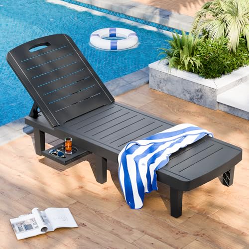Outdoor Chaise Lounge, 5-Position Adjustable Sun Lounge w/Pull-Out Tray, Waterproof PP Lounge Chairs for Outside, Lounge Chairs for Poolside, Patio, Beach, Yard in All Weather,1 PC,Black - style: Set of 1