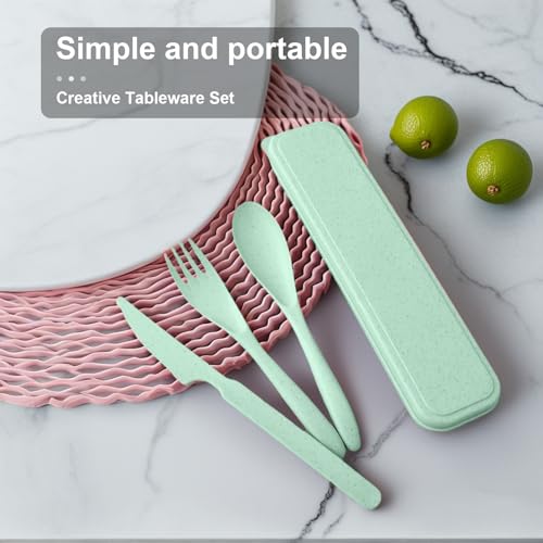 3-in-1 Portable Cutlery Set with Case – Reusable Camping Utensils – Travel Fork, Knife, Spoon Set for Camping, Picnic, Green - color: Green