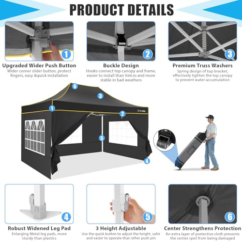 HOTEEL Canopy Tent 10x15 Heavy Duty Pop Up Canopy with Sidewalls, Party Tent with Roller Bag for Event Wedding, Upgraded Commercial Waterproof Instant Canopy, Thick Hexagonal Legs, UPF50+, Black - color: Black, size: 10x15FT (+4 Walls)