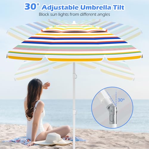 6.5 FT Beach Umbrella, Outdoor Umbrella Sun Shelter with 30° Adjustable Tilt, UPF 50+ Sun Protection, Carrying Bag, Vented Top & Sharp Anchor, Stripe Sunshade Parasol for Garden, Pool, Yard, Beach