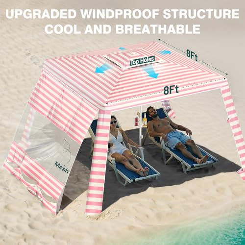 Rhino Valley Beach Cabana, 8 * 8FT Beach Tent UPF50+ Protection, Easy Setup Beach Canopy Wind Resistant with Cup Holder, Compact Beach Shade Foldable Beach Tent Sun Shelter, Pink & White Stripes - color: Pink & White Stripes