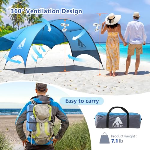 Beach Tent - Beach Shade Canopy Compact Fold (16.9x3.9″), Own Patent, 360° Ventilation, Large Side Storage Pocket, UV Protection Portable Sun Shelter for Beach (Blue, 106*65*61″ with 74.8*98.4″ sail) - size: 106*65*61″ with sail