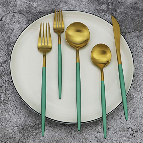 20-Piece 18/10 Stainless Steel Flatware Silverware, Luxury Dinnerware Set Travel Cutlery Tableware Include Knife Fork Spoon Service for 4, Dishwasher Safe (Green Handle Matte Gold) - color: Green Handle Gold, size: Service for 4