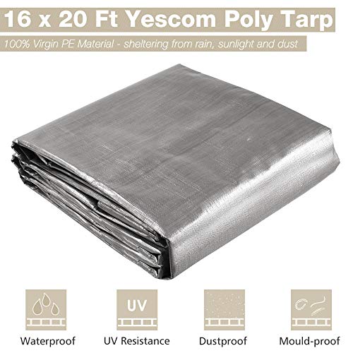 Yescom 16x20FT 14-Mil Plastic Tarp Waterproof Heavy Duty Tarpaulin with Eyelets Reversible Tear Resistant Shade Canopy Boat Pickup Truck Bed Cover - color: 14mil-1pc-silver, size: 16X20 Ft