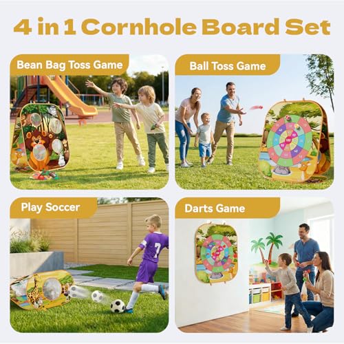 4-in-1 Animal Bean Bag Toss Game for Kids, Cornhole Board Set with Dart Board for Toddler Outdoor Toys, Family Party Game Backyard Beach Lawn Activities Gift for Boys & Girls Ages 3 4 5 6 7 8 - color: Zoo