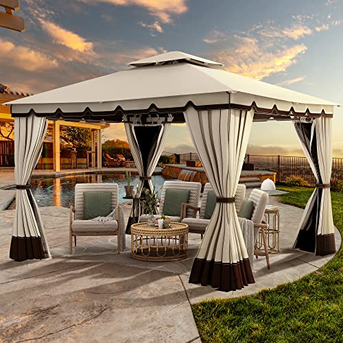 YITAHOME 10x12FT Patio Gazebo Event Shelters Outdoor Double Roof Canopy Gazebo w/Netting & Curtains, Soft Fabric Top Garden Winds Tent with Steel Frame Privacy Screens for Backyard, Garden, Lawn