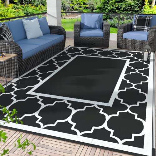 GENIMO 5' x 8' Outdoor Rug Waterproof for Patio Decor, Foldable Reversible Plastic Straw Area Rugs Mat for Camper, Outside Carpet for Rv, Deck, Porch, Picnic, Beach, Balcony, Black & White - color: Black&white, size: 5' x 8' (Rectangular)