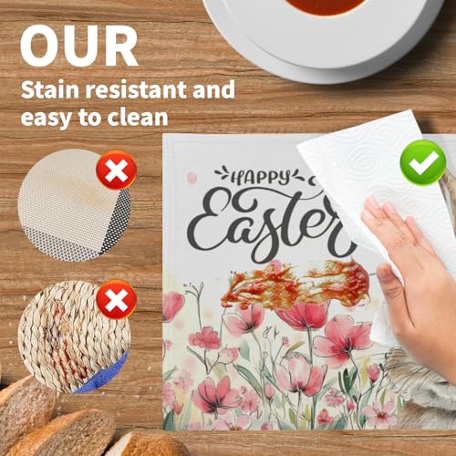 Happy Easter Placemats Set of 4, 12x18 Inch Spring Pink Flowers Bunny Place Mat Heat Resistant Washable Durable Rectangle Dining Table Mats Farmhouse Kitchen Holiday Party Decor - color: Easter Bunny