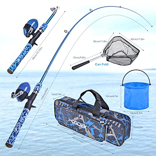 CODEK Kids Fishing Pole Set with Full Starter Kits 2 Set Portable Telescopic Fishing Rod and Spincast Reel Cambos with a Fishing Net and 2 Buckets for Boys Girls and Youth - color: Blue+Orange