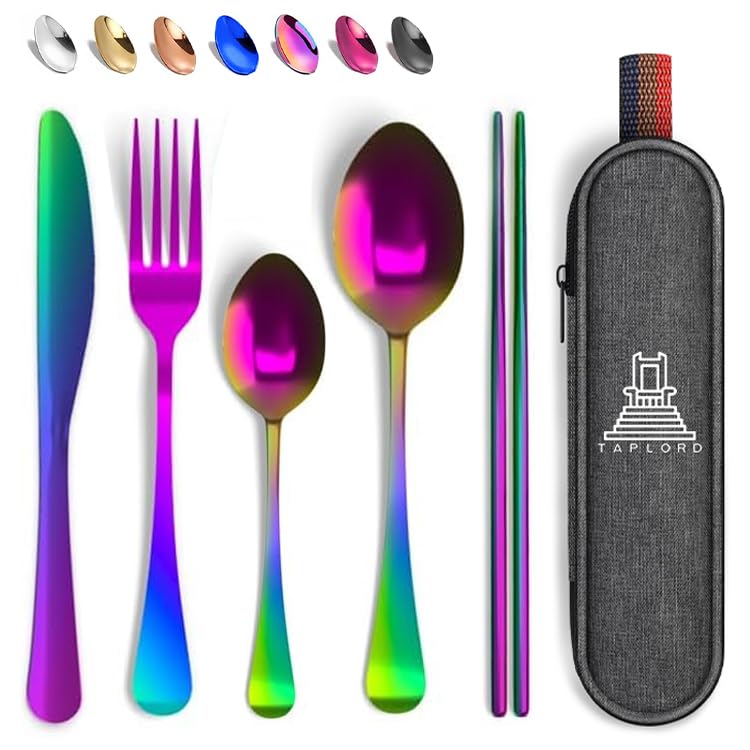 Taplord Portable Travel Silverware Set With Case, Includes 5 Pcs of Travel Utensils With Case, Stainless Steel Flatware Set For Camping, Easy to Travel, Lightweight (Multi) - color: Multicolor, size: 5 Pieces