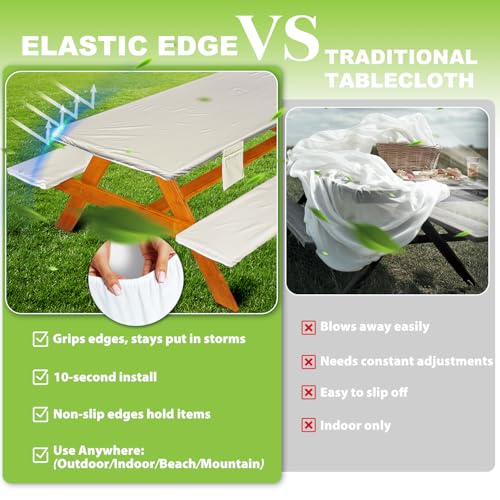 Picnic Table Cover with Bench Covers Vinyl Elastic Edges Fitted Rectangle Seat Tables Waterproof 3-Piece96X30in Set Outdoor Rectangular Folding Backing Tablecloth for Camping Over Size - color: Beige White, size: 96in