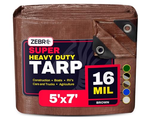 5' x 7' Brown Heavy Duty Tarp with Grommets Reinforced - 16 Mil Thick - Double Sided Plastic Tarps Waterproof - Large Tarpaulin Cover for Outdoor Camping Over/Under Tent Tarp RV Roof Rain - Zebro - color: Brown, size: 5' x 7'