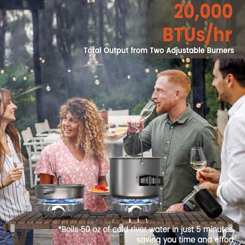 Cofiyard 20,000 BTUs 2 Burner Propane Camping Stove, Portable Folding Camp Stove with Adjustable Burners, Built-in Ignition and Carrying Bag, Dual Gas Stoves for Tailgating, Camping, BBQ Overland Grey - color: Overland Grey