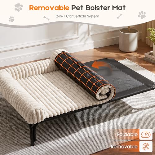 Elevated Dog Bed with Removable Fluffy Pillow Cushion, Raised Pet Cot Washable Bolster, Dog Couch Sofa, Anti Slip Feet, Breathable Mesh, Cream, 43"×32" - color: cream, size: L(43"×32"×8")