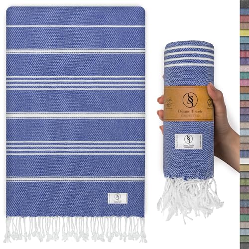 Ossano Turkish Beach Towel Compact & Luxury Extra Large (39" x 71") - Quick Dry, Versatile and Functional as Yoga Mat, Airplane and Travel Blanket, Bath and Body Towels - Sax Blue - color: Sax Blue