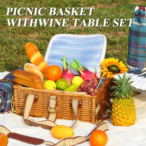 Picnic Basket for 4 with Folding Table, Large Wicker Picnic Basket Set with Waterproof Blanket and Wine Pouch, Insulated Willow Hamper with Cutlery Kit for Camping, Couples, Wedding Gift - color: Green Plaid