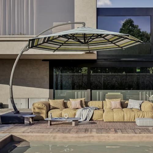 Acrylic Fabric 11FT Cantilever Umbrella with Base Large Curvy Outdoor Aluminum Offset Umbrella w/ 360° Rotation, UV Resistant Canopy for Patio, Garden, Backyard, Green Stripes - color: Green Stripes-Acrylic Fabric, size: 11FT