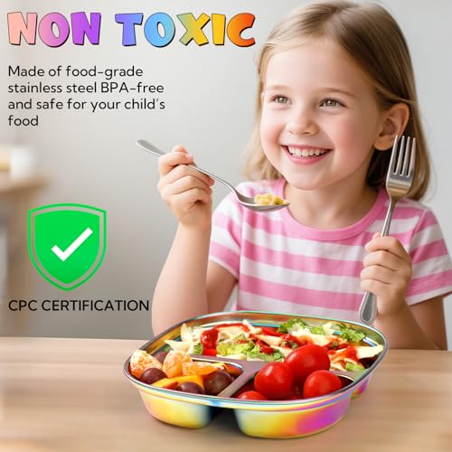 VZZNN 6 Pack Stainless Steel Kids Plates,Toddler Plate with Lid and Cutlery,Suitable for Family Gatherings, Kindergartens, Outdoor Activities and Travel(Colorful)