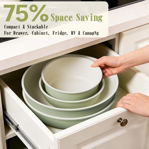 Umite Chef Non Stick Pots and Pans Set, 21 Pcs Ceramic Kitchen Cookware Set with Detachable Handle, Nonstick Healthy Induction Cookware, Dishwasher RV Cookware Set, Oven Safe, Stackable, Sage Green - color: Saga Green