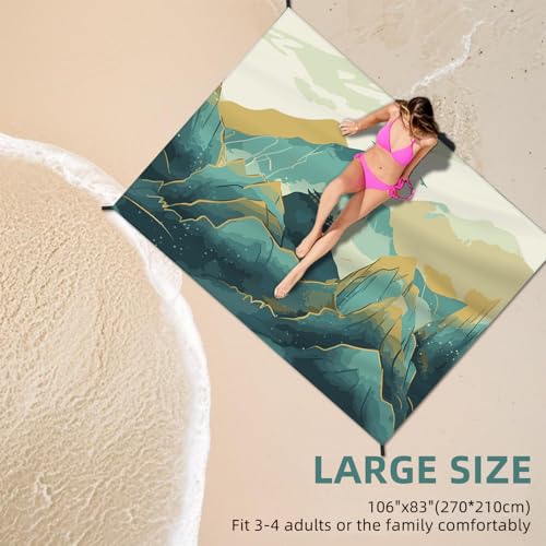 Beach Blanket Waterproof Sandproof Large Beach Mat 83" X 106" for 5-7 Adults Sand Free Mat Quick Drying,Oversized,Lightweight & Durable with 4 Stakes & 4 Corner Pockets for Beach Camping .(Mountain) - color: Mountain, size: 83" X 106"