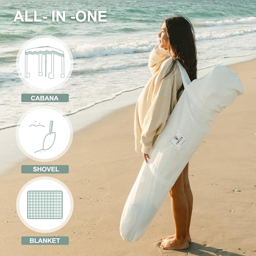 AMMSUN Beach Cabana with Beach Blanket, 7' x 7' Boho Canopy with Tassels, Premium Wood Pole, Fringe Cabana Tent with Sand Pockets, Instant Sun Shade for Sand, Garden, Outdoor, Elegant White - color: Elegant White with Beach Blanket