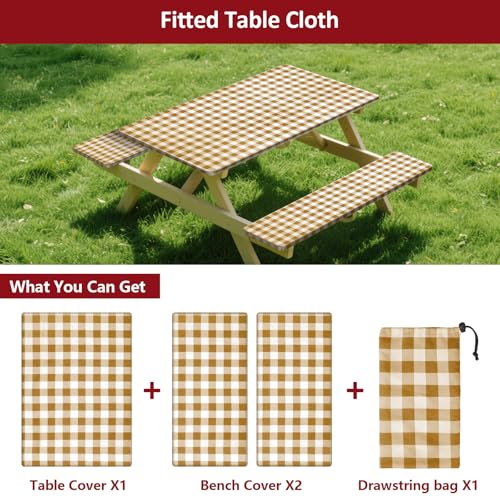 6ft Picnic Table and Bench Cover, Camping Essentials RV Gear, 72 in Waterproof Windproof Outdoor Elastic All Around Tablecloth, Fitted Rectangle Tables and Seats, Coffee-White Checkered - color: Coffee-white Checkered, size: 72"