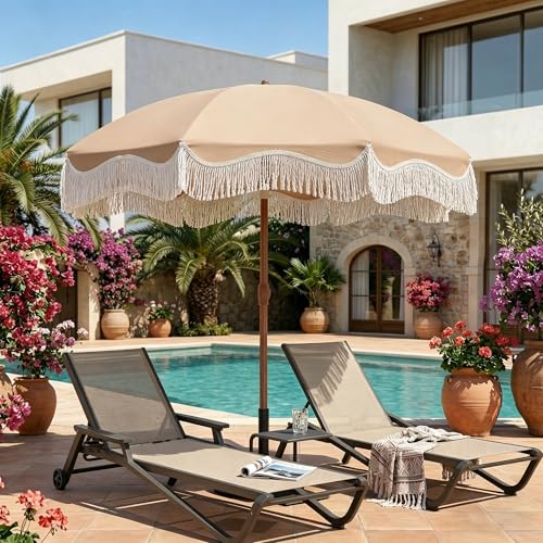 7ft Patio Umbrella with Fringe, Boho Beach Umbrellas, Outdoor Tassels Umbrellas with Push Button Tilt & Carrying Bag, 8 Windproof Fiberglass Ribs, UPF50+ - color: Beige