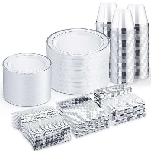 WELLIFE 600 PCS Silver Disposable Dinnerware Set for 100 Guests, Wedding Reception Plates & Silver Plastic Tableware, Dinner & Salad Plates, Cups, Forks, Knives & Spoons for Weddings & Elegant Events - color: Silver, size: 100 Guests