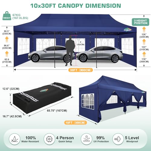 COBIZI 10x30 Pop Up Canopy Tent Heavy Duty with 8 Removable Sidewalls, Commercial Portable Tents for Parties Ez Up Canopy All-Weather Windproof & Waterproof and UPF 80+ Wedding Tent Sun Shelter - color: Deep Blue, size: 10x30FT